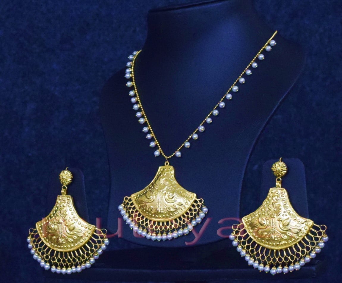 24 Ct Gold Plated Punjabi Pendant Earrings Set J0250 – Handmade Traditional Jewellery