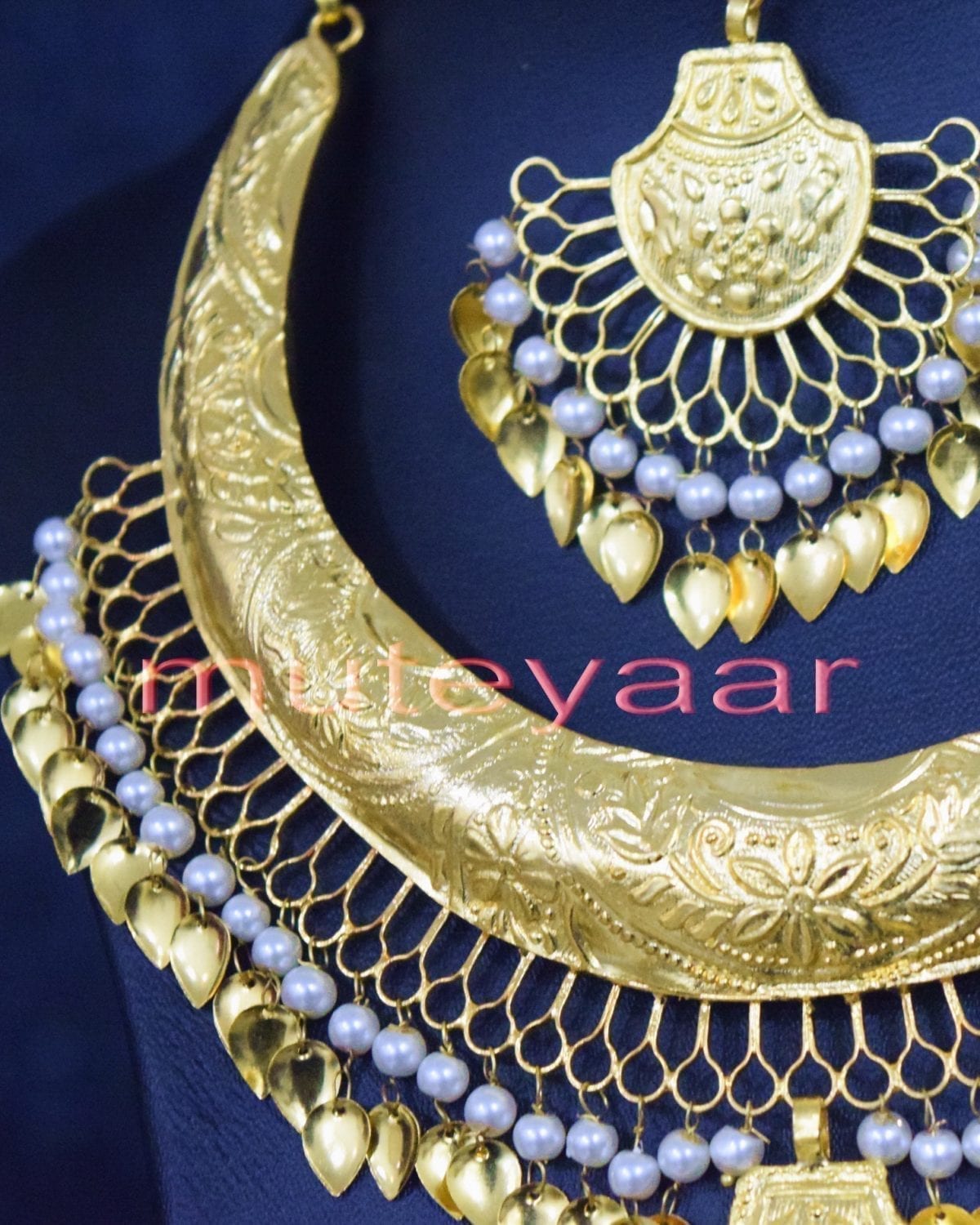 Gold Plated Hasli Set J0252 – Handmade Punjabi Necklace Earrings Tikka Jewellery