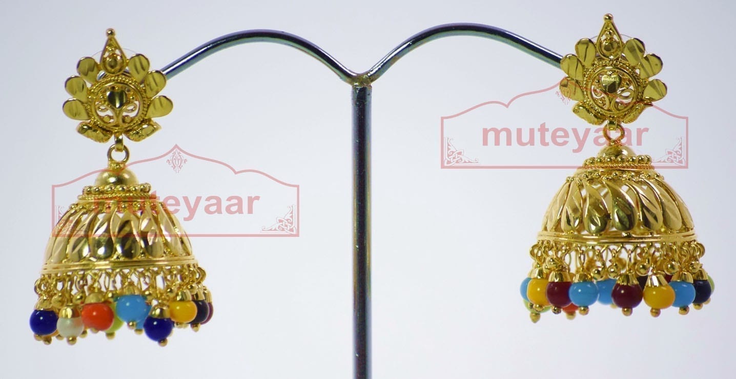 Multicolour Beads Gold Plated Punjabi Jhumki J0265 | Traditional 1 Inch Earring Set
