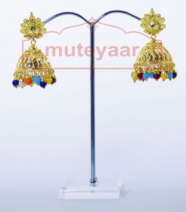Multicolour Beads Gold Plated Punjabi Jhumki J0265 | Traditional 1 Inch Earring Set