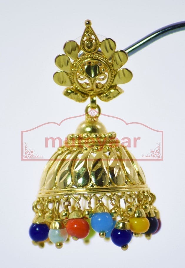 Multicolour Beads Gold Plated Punjabi Jhumki J0265 | Traditional 1 Inch Earring Set