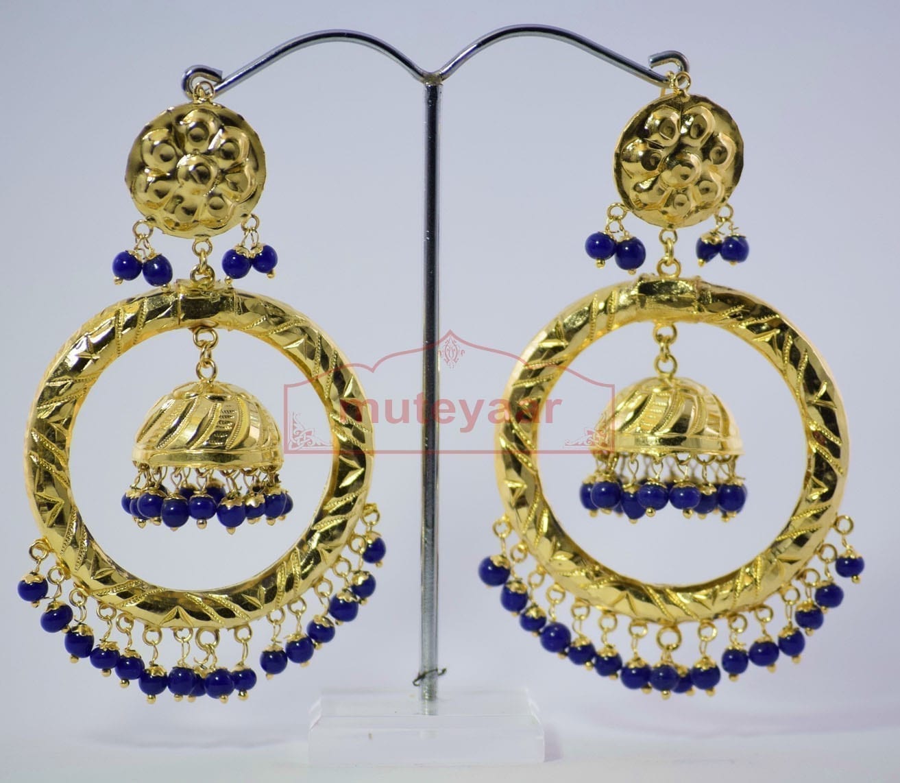 Blue Beads Gold Plated Punjabi Long Jhumka J0285 – Traditional 3 Inch Earrings