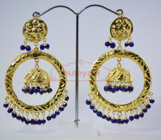 PJ- Blue Beads Gold Plated Punjabi Long Jhumka J0285 – Traditional 3 Inch Earrings | Punjabi Bridal Jewellery