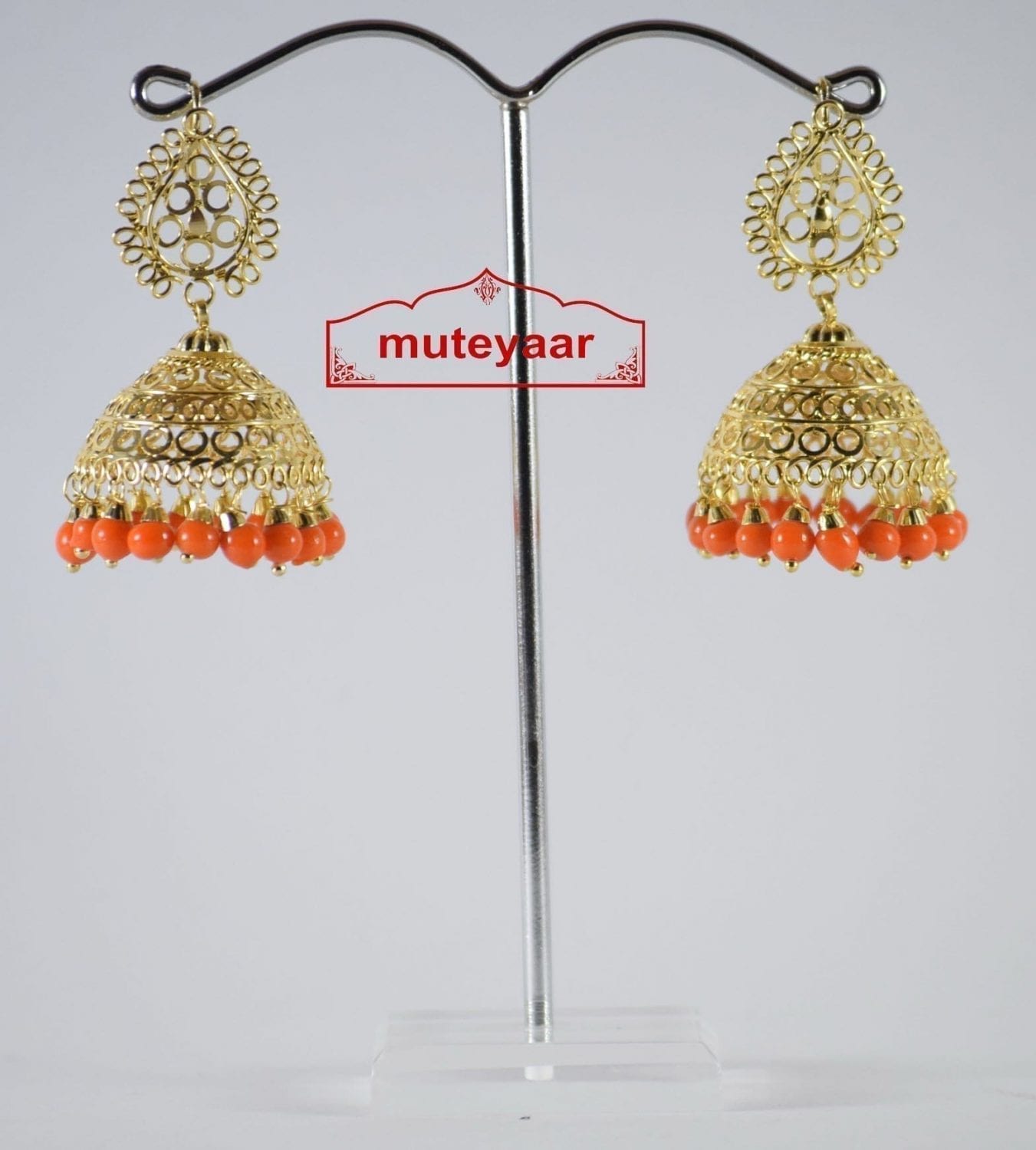 Gold Polished Traditional Punjabi Earrings Jhumiki set with Orange beads J0307