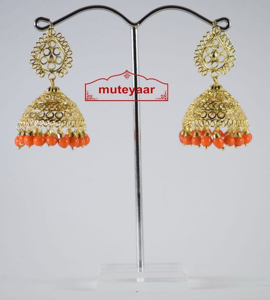 PJ- Gold Polished Punjabi Jhumki with Orange Beads J0307 | Traditional 1 Inch Earring Set | Punjabi Bridal Jewellery