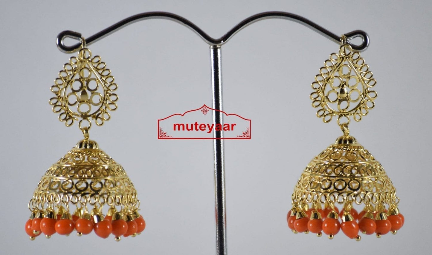 Gold Polished Traditional Punjabi Earrings Jhumiki set with Orange beads J0307