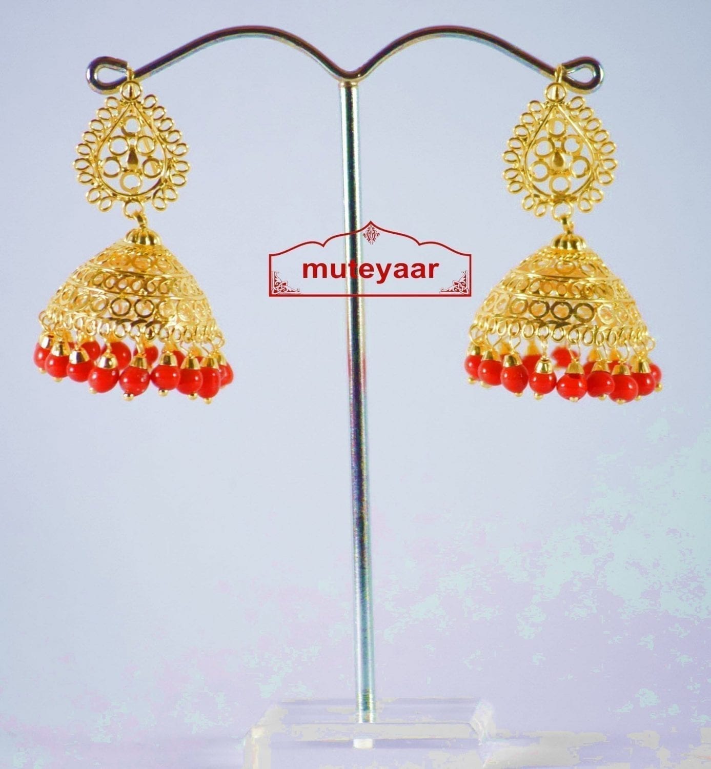 Gold Polished Traditional Punjabi Earrings Jhumiki set with Red beads J0309