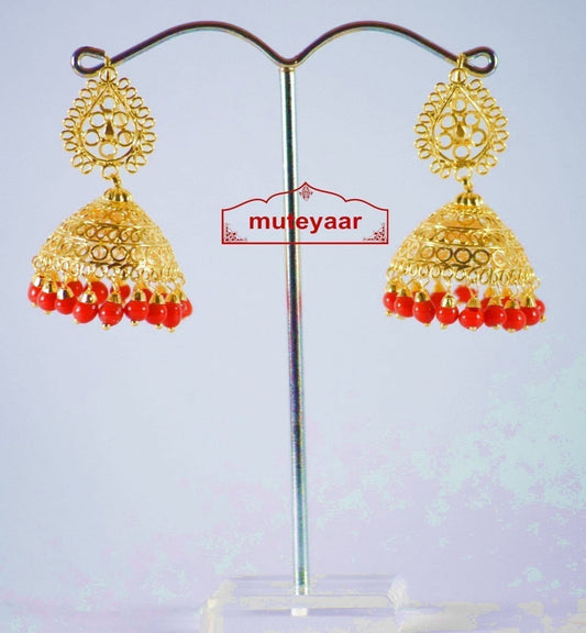 PJ- Gold Polished Punjabi Jhumki with Red Beads J0309 | Traditional 1 Inch Earring Set | Punjabi Bridal Jewellery