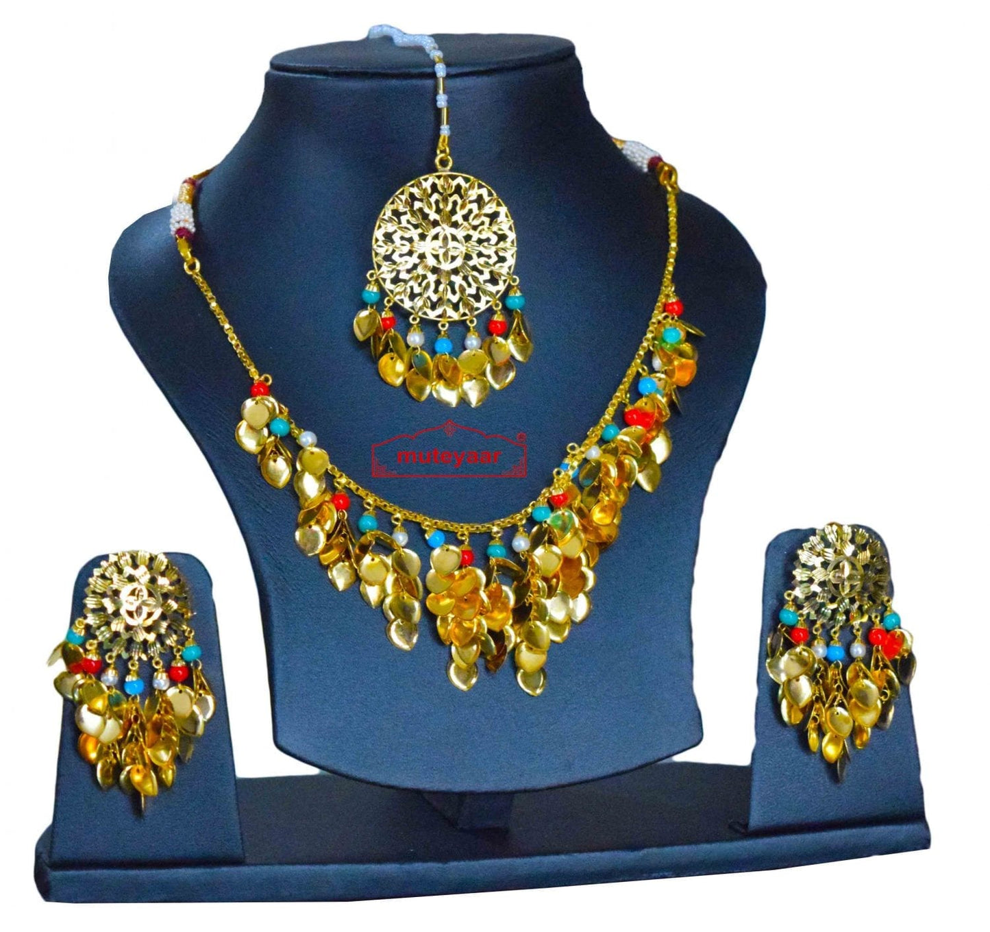 Traditional Punjabi Jewellery 24 Ct. Gold Plated Necklace Earrings Tikka set J0398