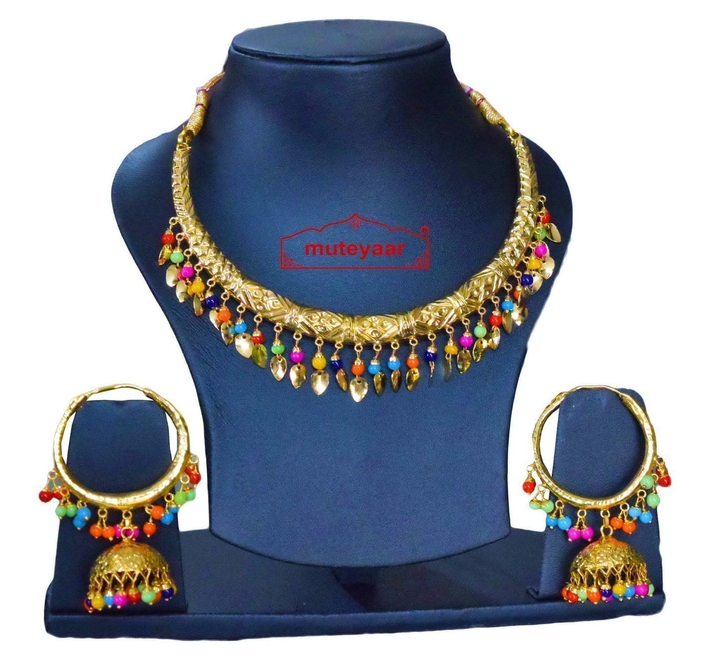 Gold Polish Multicolour Traditional Punjabi jewellery Hasli Necklace & Lotan Bali set J0402