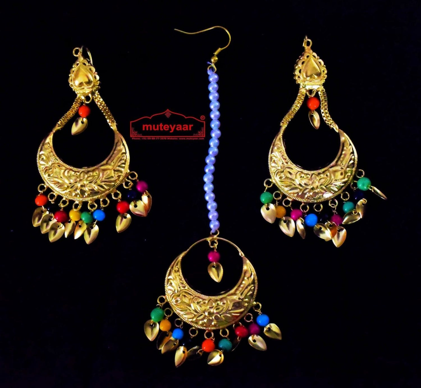 Gold Polished Punjabi Earrings Tikka set with multicolour moti beads J0447
