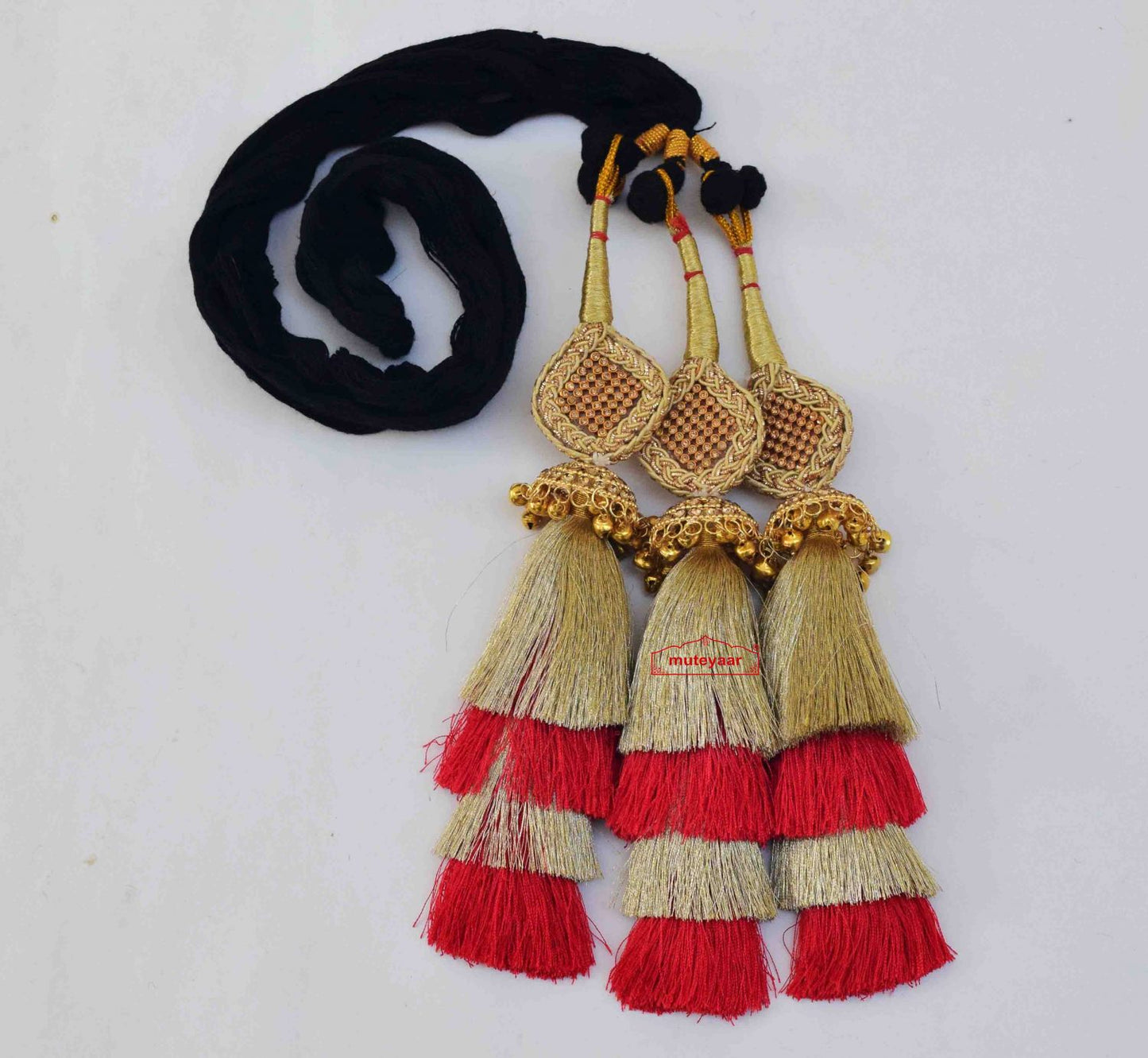 Red Gold Paranda – 3 Step Bridal Parandi with Zircon Jhumki | Wedding Tassels